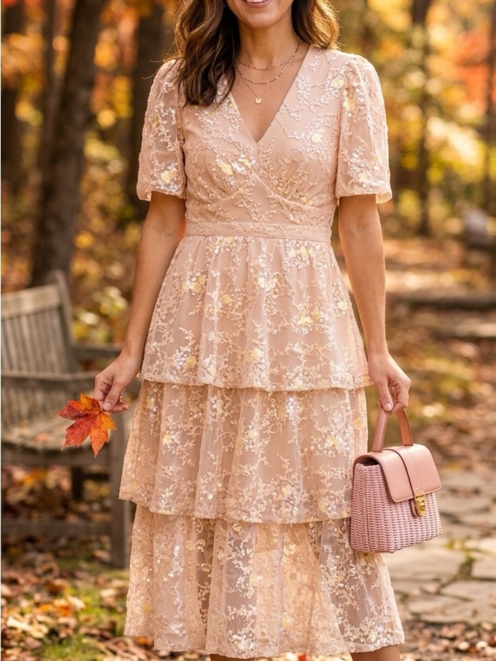 Just Me champagne Sequin Tiered Lace Midi Dress